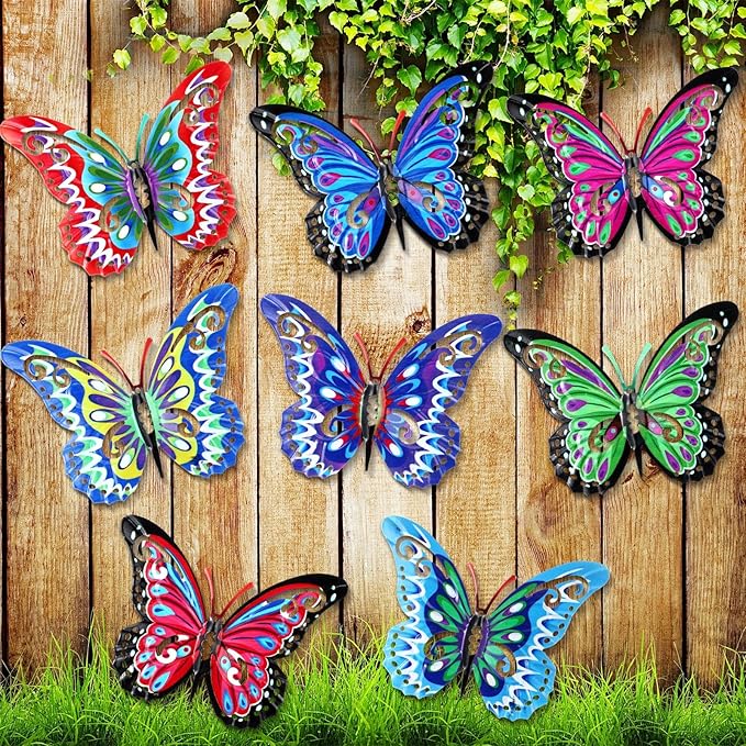 Jetec 8 Pcs Metal Butterfly Wall Decor 6.5 Inch Outdoor Butterflies Wall Art Sculpture 3D Butterfly Hanging Decoration for Spring Outside Fence Garden Yard Home Patio Balcony(Novel Style)
