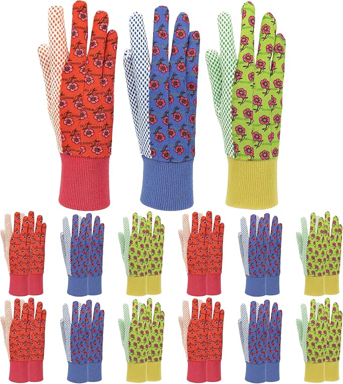 Women's Gardening Gloves, Soft Cotton Jersey, Floral Print, PVC Dot Grip, Comfortable & Durable Multi color Green, Red, Blue