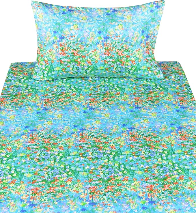 Scientific Sleep Green Garden Flower Lake Impressionism Cute Fun 100% Cotton Cozy Twin Bed Sheet Set, Flat Sheet & Fitted Sheet & Pillowcase Kids Girls Bedding Set (Green Garden, Twin)