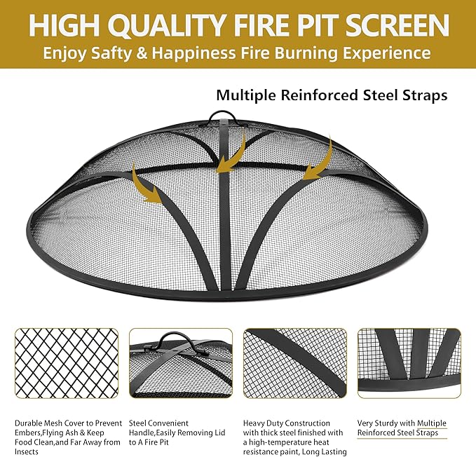 WeCooper 36In Reinforced Steel Round Fire Pit Screen Cover,Outdoor Patio FirePit Spark Screens,Heavy Duty Steel Mesh Fire Pit Ember Lid with Handle