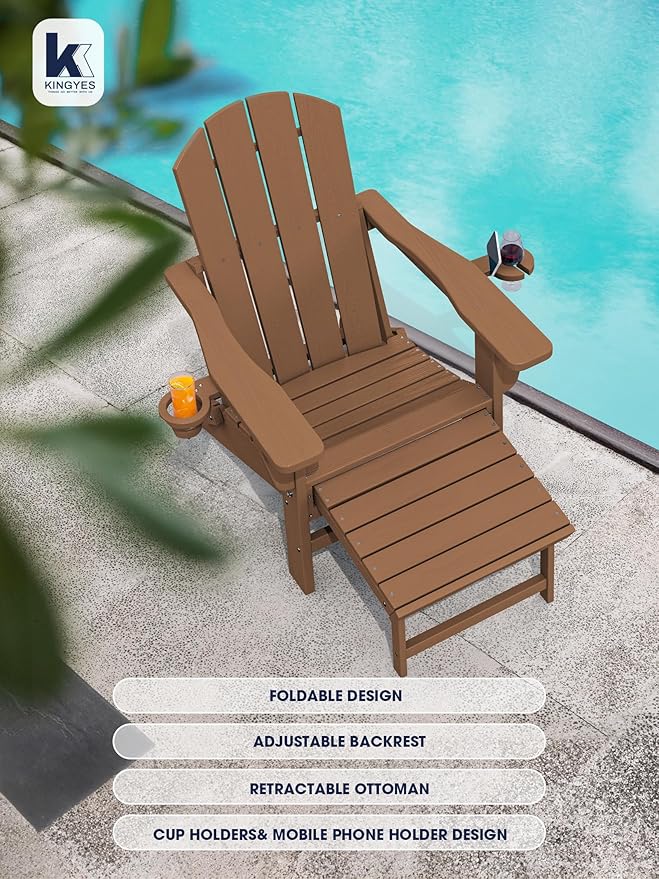 KINGYES Folding Adjustable Adirondack Chair with Ottoman & 2 Cup Holders, HDPE Recliner Adirondack Chair with Footrest, Brown
