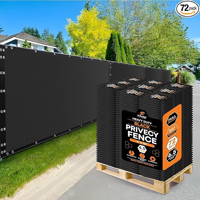 Xpose Safety Privacy Fence Screen 6’ x 50’ (72 Pack) – Bulk Full Pallet – Heavy Duty Black Mesh with 90% Visibility Block, UV Protection – Includes Cable Ties for Garden, Yard, Nursery, Kennel,Dog Run