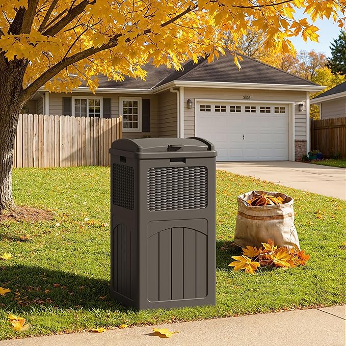 YESHOMY 33 Gallon Resin Outdoor Trash Can with Lid, Hideaway Waterproof Patio Garbage Bin, Brown
