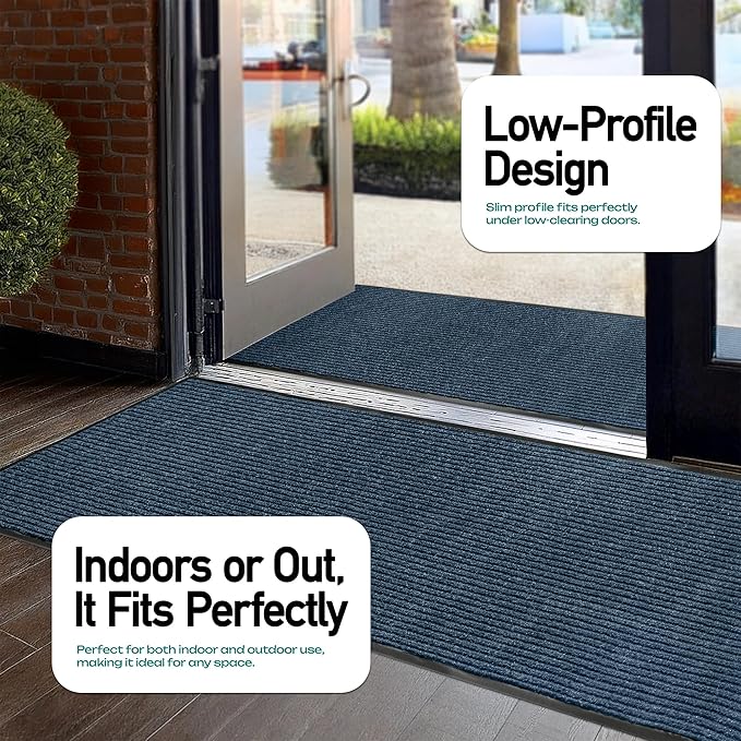 LuxUrux Premium Rubber Door Mat - Heavy-Duty, Waterproof, Easy-to-Clean, Low-Profile (2 x 6 Feet) - Indoor/Outdoor Doormat for Entry, Patio, Garage - Stylish Striped Blue Design