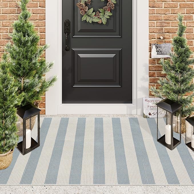 Outdoor Rug 3x5,Washable Striped Rug Front Porch Rugs,Indoor Outdoor Carpet Soft Hand Woven Rug Lightweight Front Door Rugs for Entry/Home Decor/Farmhouse(Blue and Cream)