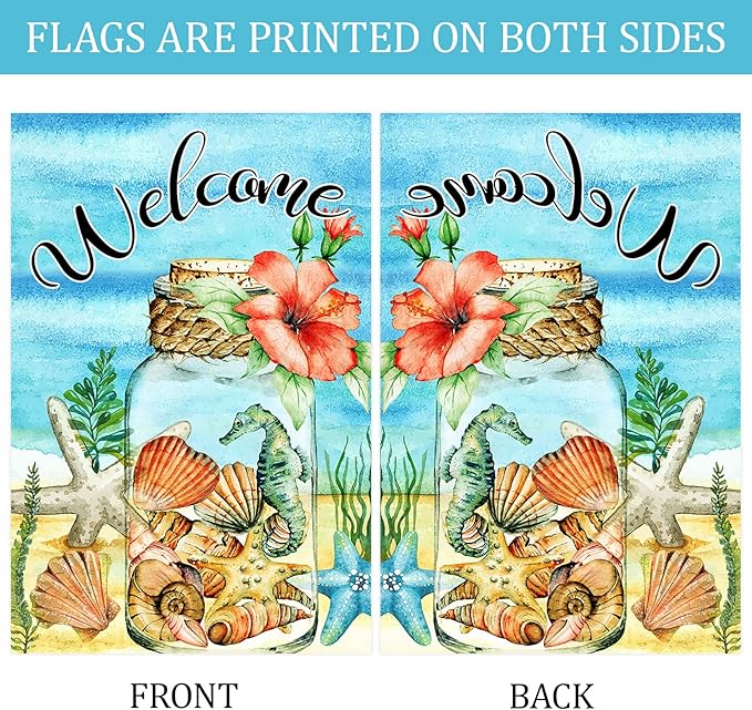 Texupday Welcome Floral Mason Jar Shell and Starfish Hippocampus Decoration Summer Seaside Garden Flag Holiday Party Beach Coastal Outdoor Yard Flag 12" x 18"