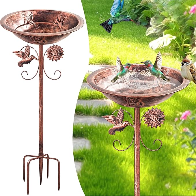 Metal Bird Baths for Outside, Birdbaths for Outdoors with Deep Bowl, 5 Prong Stake Large Capacity Hummingbird Freestanding Birdfeeders Patio Garden Yard Lawn Decor Bird Feeders Bowls-13x13x35