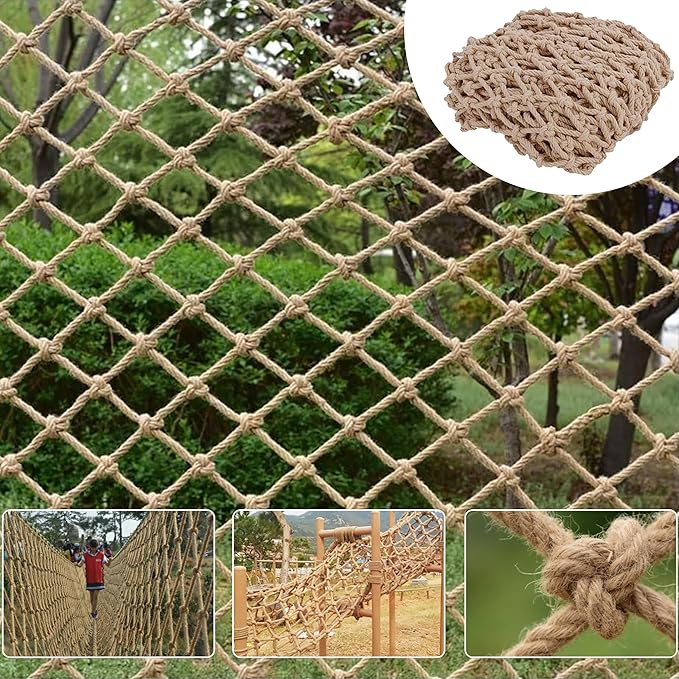 Safety Hemp Rope Net Kids Climbing Safety Netting Children Balcony Stairs Fence Railing Garden Playground Protection Heavy Duty Tree House Indoor&Outdoor Decor Rope Net 8mm/8cm 6.6x16.4ft(2x5m)