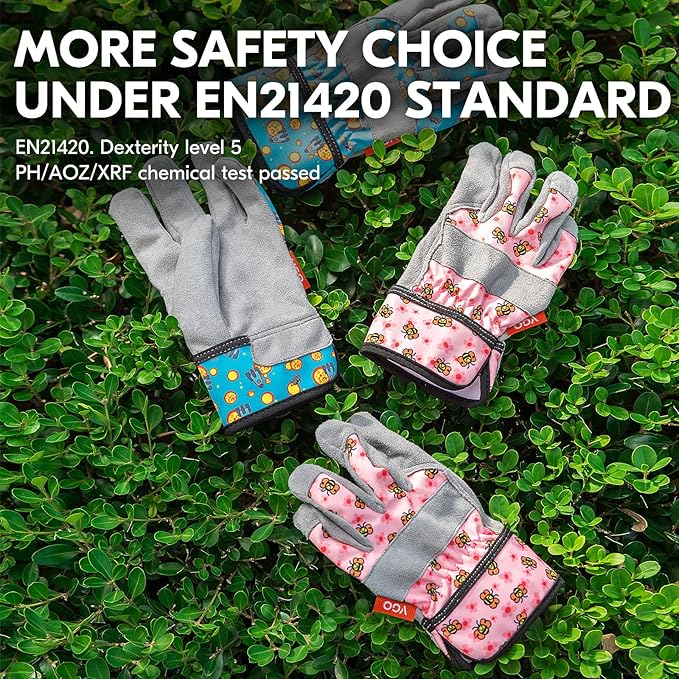 Vgo... 1-Pair Age 7-8 Kids Gardening Gloves,Children Yard Work Gloves,Soft Safety Outdoor Playing Gloves(Size XL, Pink Bee, KID-MF3561)