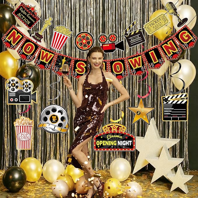 Movie Night Party Decorations Hanging, Movie Birthday Banners, Party Supplies Decor Decorations Decoration Banner Microphone Ticket for Theater Birthday Women Men The Kids' Boys Girls