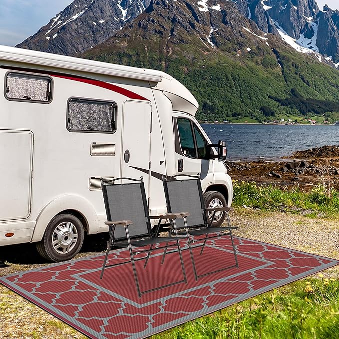 GENIMO 9' x 12' Outdoor Rug Waterproof for Patio Decor, Foldable Reversible Plastic Straw Area Rugs Mat for Camper, Outside Carpet for Rv, Deck, Porch, Picnic, Beach, Balcony, Red & Grey