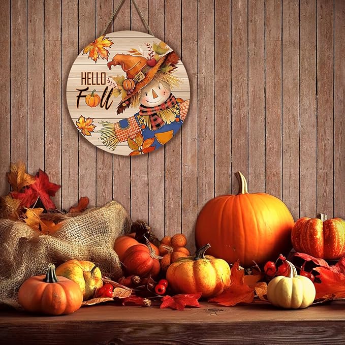 Hello Fall Autumn Scarecrow Door Sign for Porch Pumpkins Maple Leaf Wood Hangers Farmhouse Door Sign for Front Door Decor Seasonal Home Decorations Autumn Wall Hanger Sign