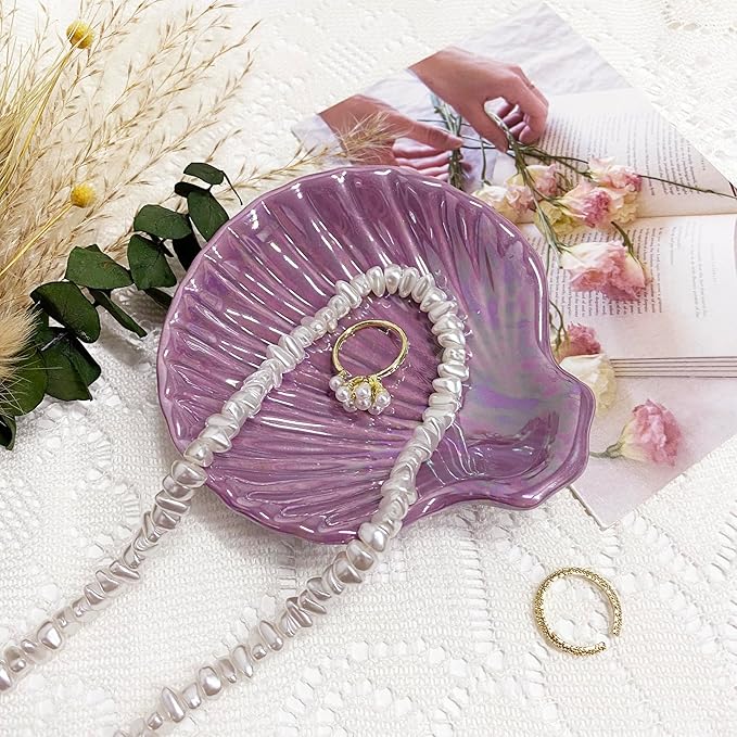 Shell Jewelry Ring Holder Dish, Seashell Jewelry Dish Tray, Ceramic Jewelry Plate Bowl, Engagement Trinket Dish, Wedding Birthday Mother's Day Christmas Gift for Women, 3.9", Purple Iridescent Surface