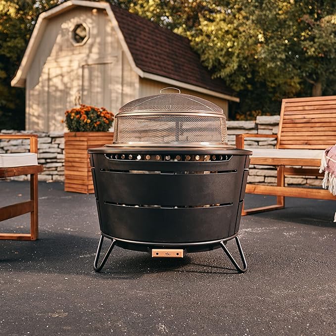 TIKI Reunion Fire Pit Screen & Poker Set – Outdoor Fire Pit Spark Protector & Ember Guard – Fire Poker Tool for Safe & Controlled Fires – Durable Metal Fire Pit Accessories in Gold & Black