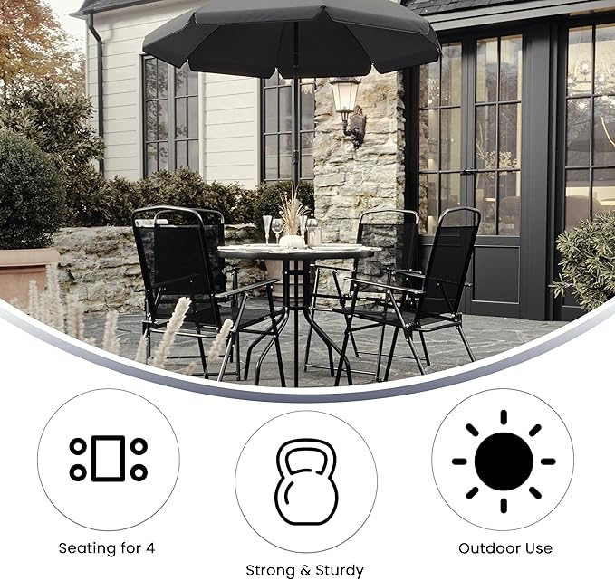 Flash Furniture Nantucket 6-Piece Patio Dining Set with Glass Table, 4 Folding Chairs, and Umbrella, Outdoor Patio Set, Black