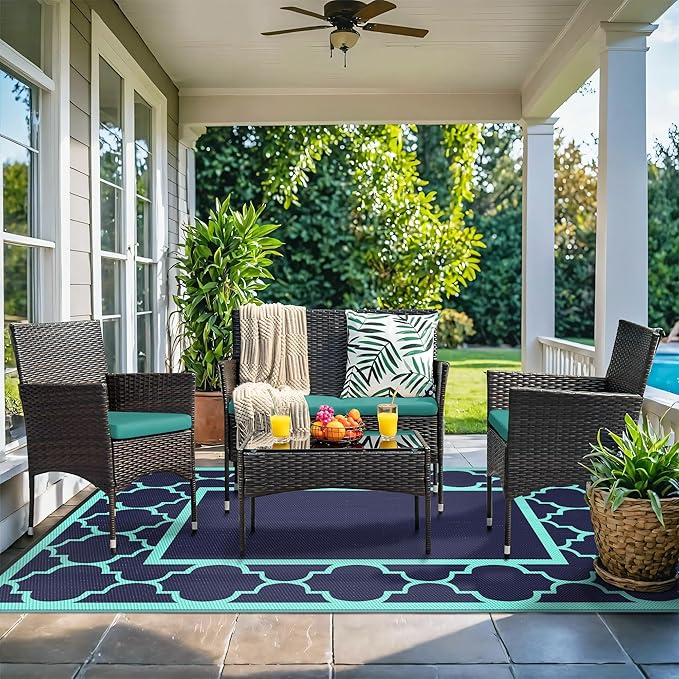 GENIMO 9 ' x 12 ' Outdoor Rug for Patio, Waterproof Indoor Outdoor Plastic Straw Rugs Carpet, Reversible Outside Area Mat for Camping, Balcony Porch, Deck, Picnic, Beach Navy Blue & Jade Green