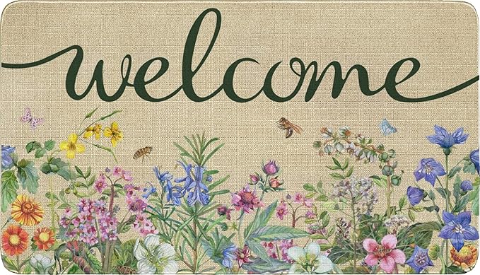 Welcome Floral Decor Doormat, Home Spring Summer Flower Front Door Mats, Indoor Outdoor Non Slip Reusable Entrance Rug 17"x30"