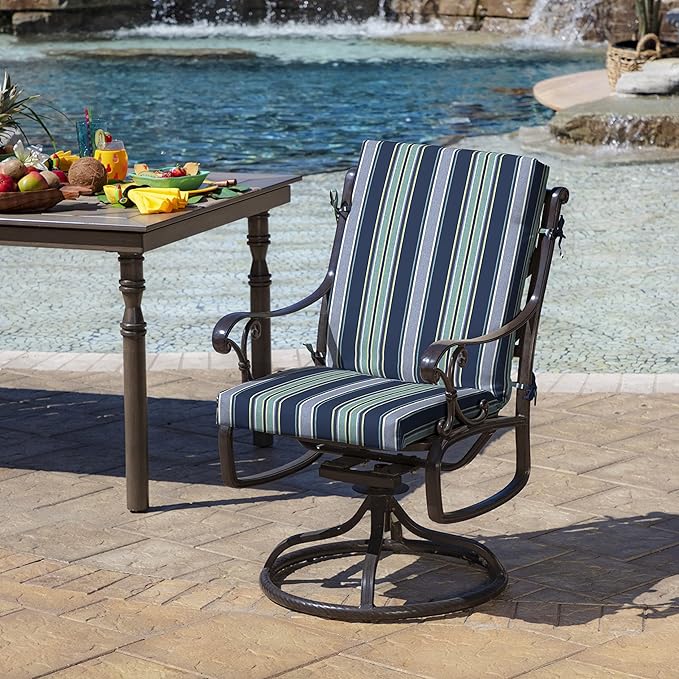 Arden Outdoor Patio Dining Chair Cushion, 20x44, Rain-Proof Seat Pad, Fade-Resistant Outdoor Cushion Sapphire Aurora Blue Stripe