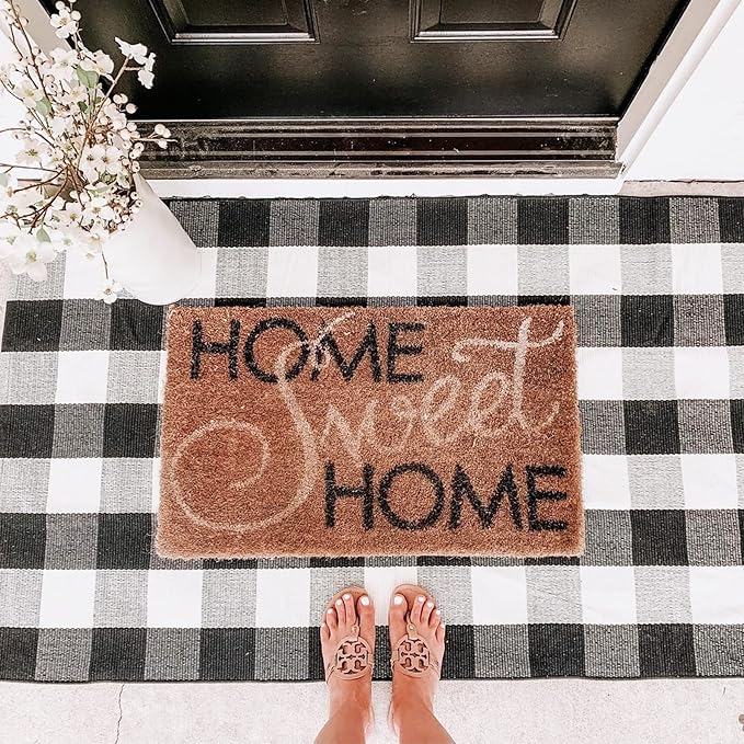 SEEKSEE Cotton Buffalo Plaid Rug 3'x5' Black and White Checked Rug Washable Doormats Indoor Outdoor Rugs for Layered Front Door Mats, Porch, Kitchen, Farmhouse, Entryway
