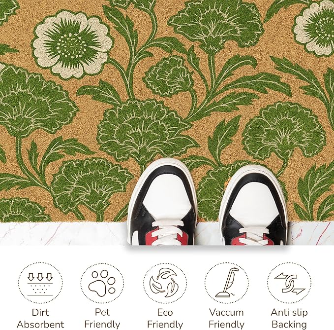 Coir Door Mat, Floral Print Entryway Floor Mats with Non-Slip PVC Backing, Indoor Outdoor Mat for Front Door Decor, Door Mat, Welcome Mats with Chelsea Flower Print, Green, 30”x 17”