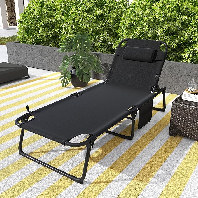 Outsunny Outdoor Chaise Lounge Chair with Removable Cushion and Headrest Pillow, Folding Sun Lounger with Magazine Pocket, 4-Position Backrest, Sun Bathing Chair for Patio, Beach, Gray