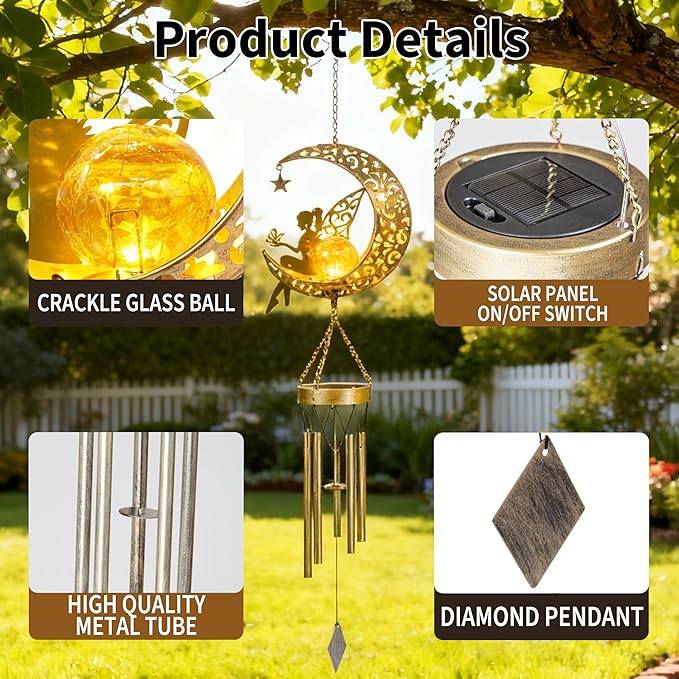 YAKii Fairy Moon Solar Wind Chimes for Outside Lights Gifts for Mom Wife Unique Crackle Glass LED Warm Light Outdoor Hanging Decor Windchimes for Garden Yard Patio Christmas Birthday Mothers Day