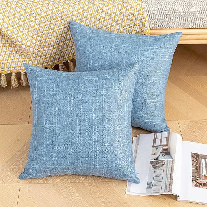 Kevin Textile Pack of 2 Decorative Outdoor Waterproof Pillow Covers Garden Checkered Cushion Sham Throw Pillowcase Shell for Patio Tent Couch 20x20 Inch Light Blue