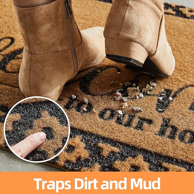 Welcome Mat Front Door Mat Indoor Outside Entrance, Heavy Duty Dirt Trapper Coir Doormat with Non Slip Backing Entryway Rug for Front Back Door, 17x30, Brown
