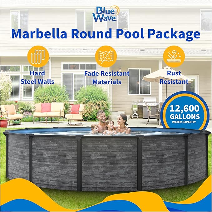 Blue Wave Marbella 24-ft Round 52-in Deep Above Ground Swimming Pool – with Steel Wall & Top Rails, Sand Filter, Overlap Liner, A-Frame Ladder & Maintenance Kit – Complete Outdoor Pool Accessories