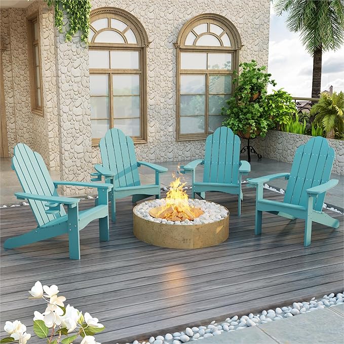 LUE BONA HDPS Adirondack Chairs, Fire Pit Outdoor Chair Weather Resistant with Cup Holder, Modern Plastic Chair Plastic for Patio, Deck, Proch, 350LBS, Blue Turquoise