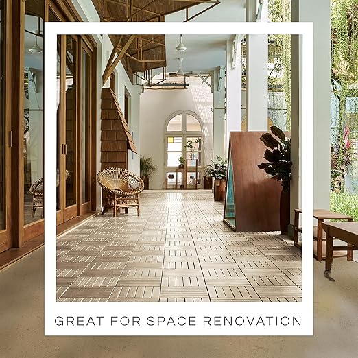 10 Pcs Deck Tiles, Patio Flooring - Outdoor Waterproof Acacia Wood Tiles for All Weather Use - Balcony, Backyard, Indoor & Outdoor (White Striped Pattern, 10 Square Ft)