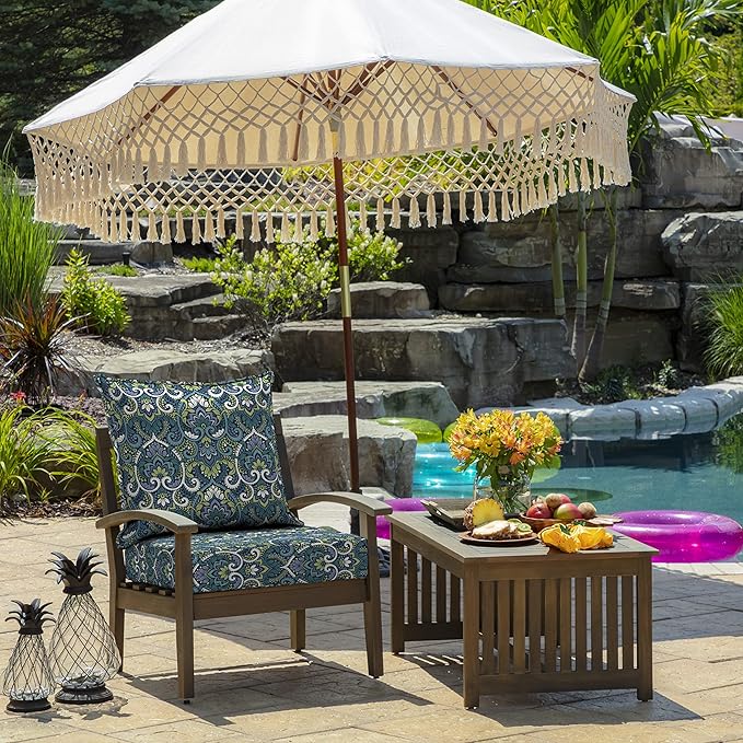 Arden Outdoor Deep Seat Cushion Set, 22 in x 24 in, Weather-Proof, Rain-Proof, Fade Resistant Patio Cushion Sapphire Aurora Blue Damask