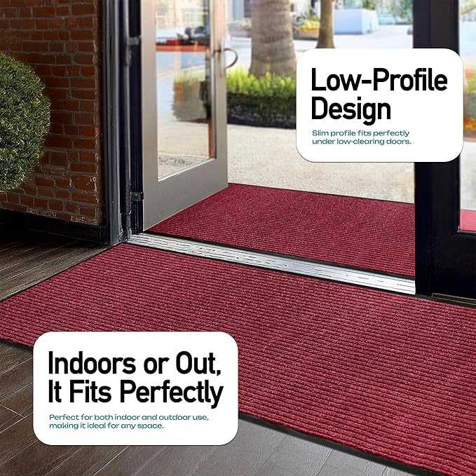 LuxUrux Striped Red Door Mat - Heavy Duty, Indoor/Outdoor, Easy Clean, Waterproof, Low-Profile (4 x 10 Feet) - Ideal for Entry, Patio, Garage - Durable Solution for High Traffic Entrance Ways