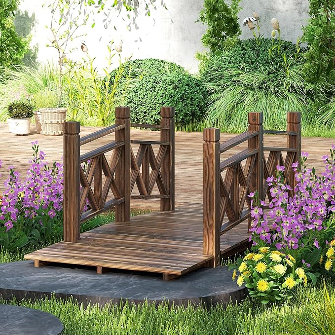 5FT Wooden Garden Bridge with Handrails, Decorative Landscape Footbridge for Yard, Pond, Farm or Creek - Rust-Resistant Cedar Construction, Easy Assembly & 300LB Capacity