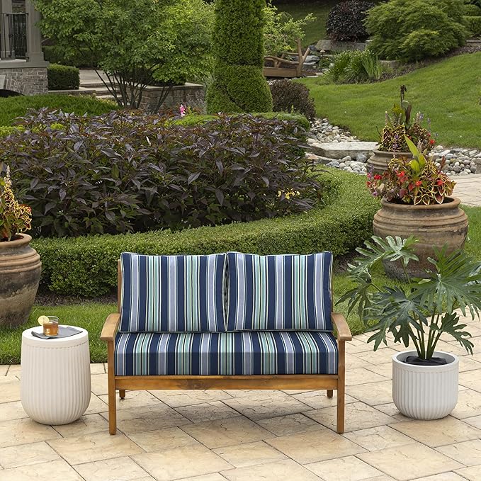 Arden Outdoor Loveseat Cushion Set, 48 x 24, Rain-Proof, Fade Resistant, Cushion Set for Couch, Bench, and Swing Sapphire Aurora Blue Stripe
