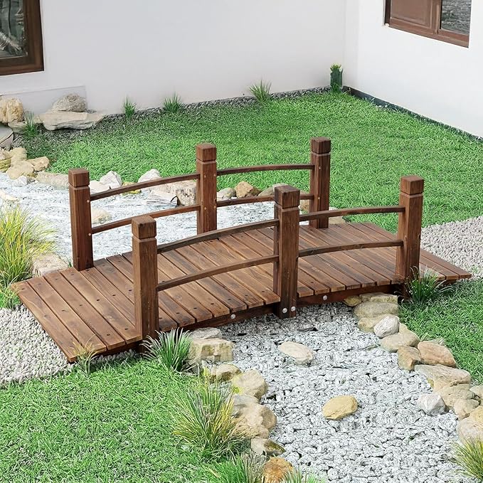 HOMEDIARY 5 FT Fir Wood Garden Bridge, Outdoor Stained Wood Arc Footbridge Walkway with Double Safety Railings, 550 lbs Capacity,Decorative Pond Bridge for Backyard Farm Garden Creek Pond Decor, Brown