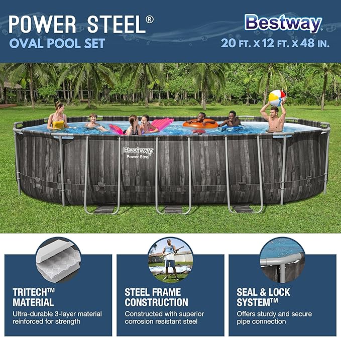 Bestway Power Steel 20' x 12' x 48" Oval Metal Frame Above Ground Outdoor Swimming Pool Set with 1500 GPH Filter Pump, Ladder, and Pool Cover