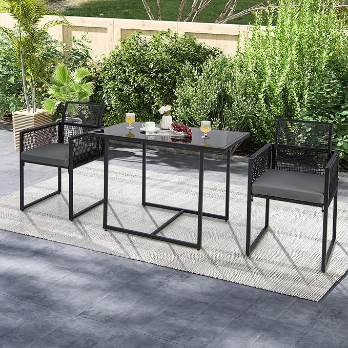 Tangkula 3 Pieces Outdoor Dining Set, Patio PE Rattan Furniture Set with Folding Backrest, Cozy Seat Cushions, Tempered Glass Tabletop, Space-Saving Rattan Chair Table Set for Backyard, Poolside