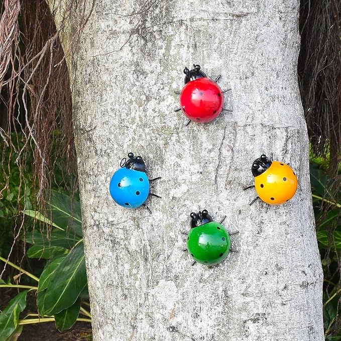 MACLARONX Metal Ladybugs Outdoor Yard Art Garden Fence Decor Set of 4 Cute Lady-Bugs Wall Sculptures Colorful 3D Ornaments for Backyard Balcony