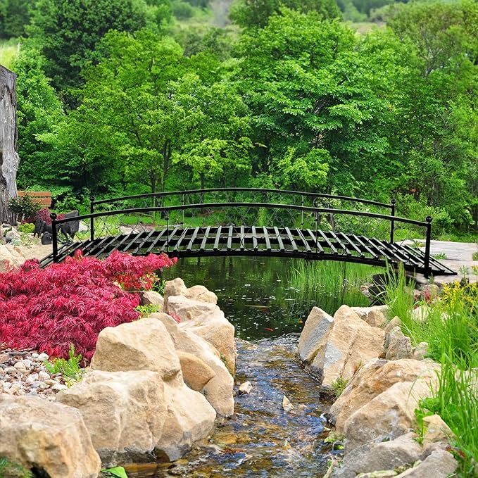 8 FT Metal Garden Bridge - Arc Footbridge with Siderails Extra Long Metal Bridges for Outdoor, Patio, Creek, Stream, Pond, Black