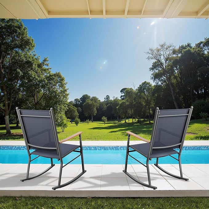 JY QAQA Outdoor Rocking Chair Set of 2, High Back All-Weather Patio Rocking Chairs with Breathable Back Rest, Ergonomic Design Porch Chairs for Porch, Garden, Balcony, Pool, Deep Gray