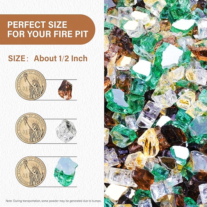 NUPICK 5 Pound Fire Glass, 1/2 Inch Reflective Fire Pit Glass, Tempered Firepit Glass Rock for Propane or Natural Gas, Glass Rocks for Fire Pit Table or Fireplace, Gold & Green & Copper Mix