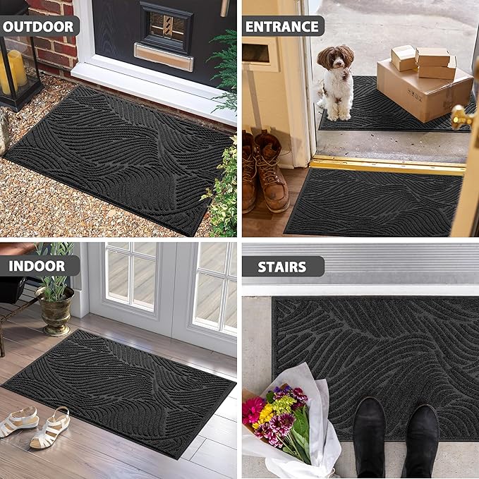 Yimobra Doormat Outdoor Entrance, Simple Stripes All-Weather Waterproof & Non-Slip Mat for Front Door, Heavy Duty Welcome Mat for Indoor, Garage, Patio-36x24, Black