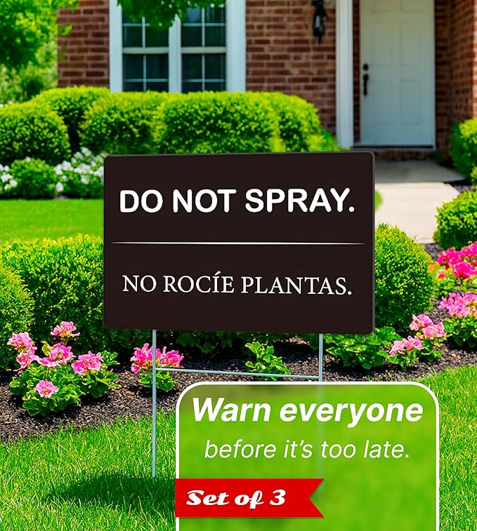 Set of 3 Do Not Spray Yard Black Sign with Metal Stake 12x8 Inches - No Podar Las Plantas Signs for Outdoor or Indoor - Double Sided Bilingual Plant Sign or Plastic Garden Signs