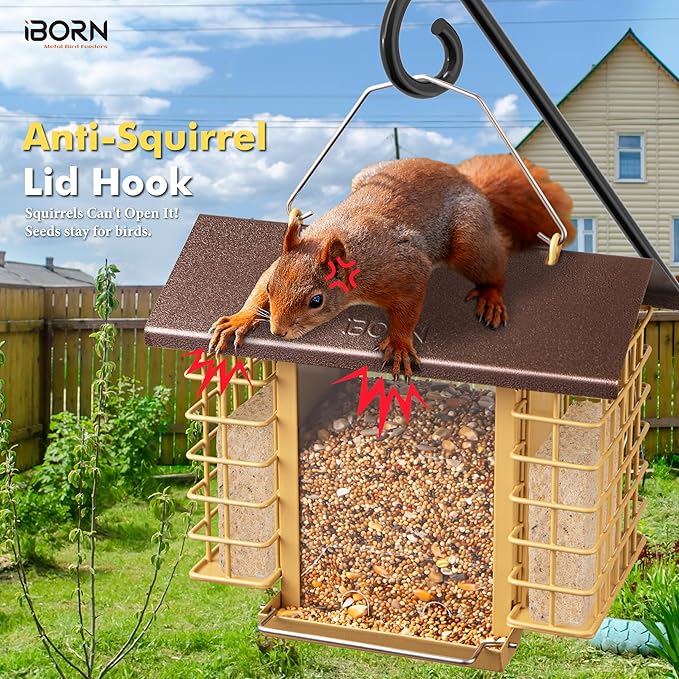 iBorn Bird Feeders for Outdoors,Bird Feeder with Double Suet Holders,Suet Feeder for Outside,Weatherproof Metal Roof,Easy to Refill&Clean,3.2 LBs Seed Capacity+2X Cake,1 Pack,Coffee Roof & Yellow Grid