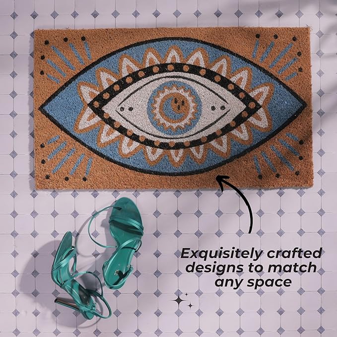 Folkulture Welcome Matt Outdoor | 16 x 28 Evil Eye Decor Mat for Front Door Mat Outside Entrance | Eco Friendly | Welcome-Mats Cute | Coir Door Mats | Outdoor Decor for Home | Durable & Anti Slip