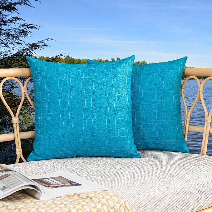 Kevin Textile Pack of 2 Outdoor Waterproof Throw Pillow Covers Solid Checkered Linen Decorative Farmhouse Pillowcases for Garden Patio Tent Balcony Couch Sofa 24 x 24 Peacock Blue