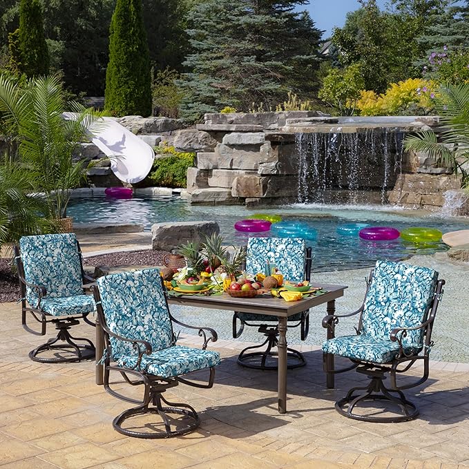 Arden Outdoor Midback Chair Cushion, 18 x 16.5, Rain-Proof, Fade Resistant Aqua Blue Fusion Floral