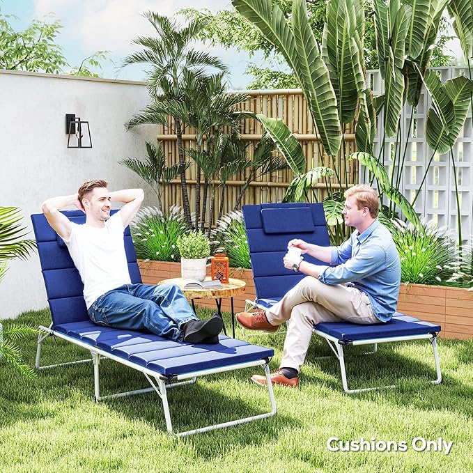 Outsunny Outdoor Lounge Chair Cushion Set of 2, 80" x 26" UPF50+ 230gsm Olefin and 25D High-Density Foam, Foldable Patio Chaise Lounge Cushion Set, Fade Resistant for Lawn Pool, Dark Blue