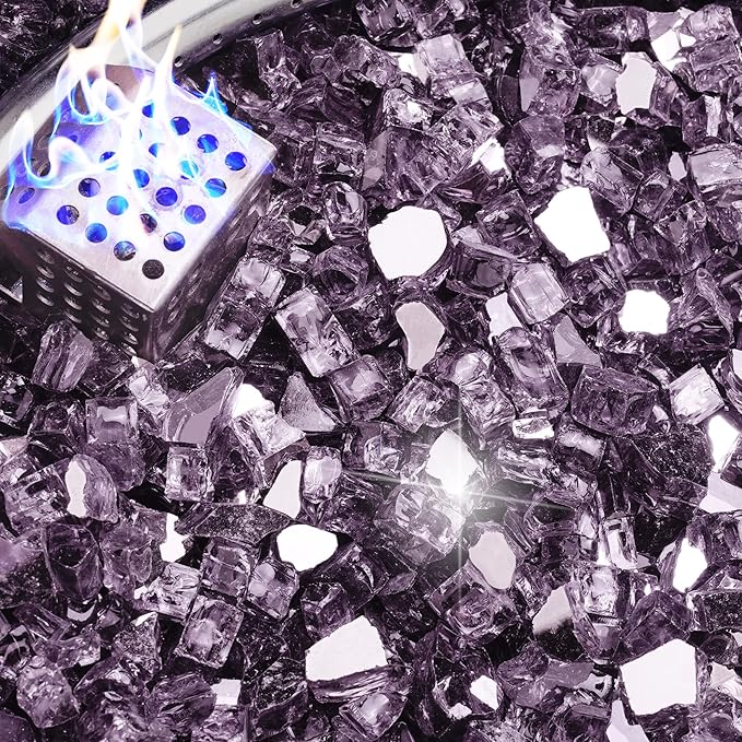 NUPICK 5 Pound Fire Glass, 1/2 Inch Reflective Fire Pit Glass, Tempered Firepit Glass Rock for Propane or Natural Gas, Glass Rocks for Fire Pit Table, Fireplace Glass for Landscaping, Violet